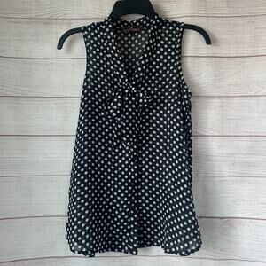 Almost Famous Black with White Polka Dot Sheer Sleeveless Blouse Tie Neck Size S